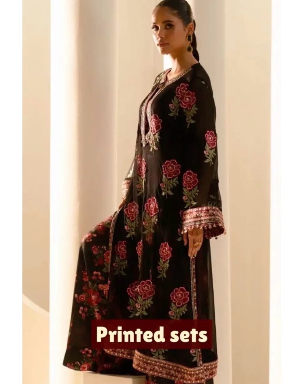 ETHNC Pakistani clothes Elegant Black Floral-Print Women's Dress